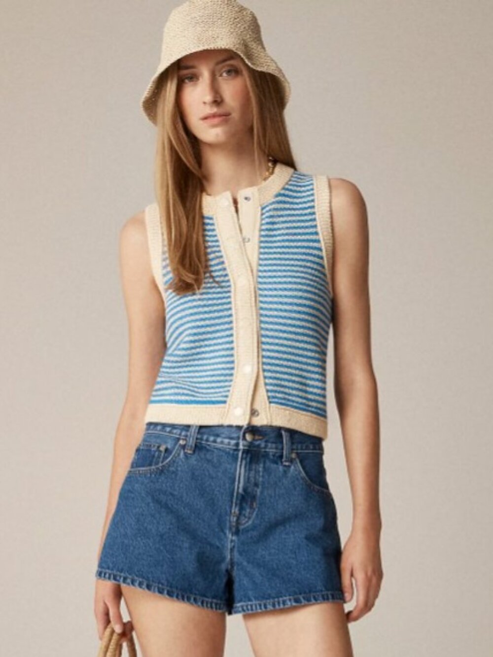 J Crew Cropped sweater shell in stripe in Parchment Santorini Blue Small EUC